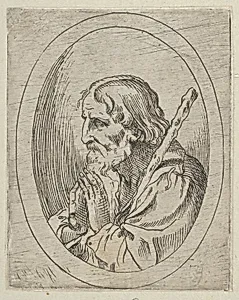 Saint Jude in prayer, seen in profile facing left with a staff resting on his shoulder, in an oval frame, from "Christ, the Virgin, and Thirteen Apostles" by Anonymous, 17th century|Guido Reni