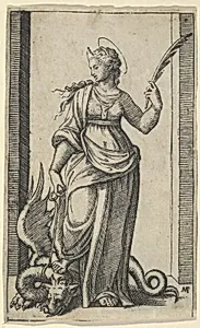 Saint Margaret standing, a dragon at the left, from "Piccoli Santi" (Small Saints) by Marcantonio Raimondi