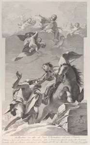 Saint Martin, on horseback, giving his cloak to a beggar, angels overhead