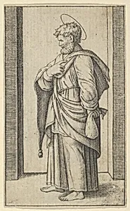 Saint Matthew, a small sack in his left hand, from "Piccoli Santi" (Small Saints) by Marcantonio Raimondi|Raphael (Raffaello Sanzio or Santi)