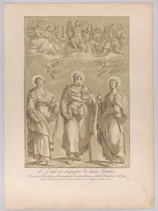 Saint Paul accompanied by two female saints with angels above