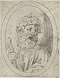 Saint Paul holding a sword, in an oval frame, from "Christ, the Virgin, and Thirteen Apostles" by Anonymous, 17th century|Guido Reni