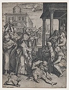 Saint Paul raising Patroclus who is on the ground, surrounded by a group of onlookers, a dog in the foreground at left by Agostino Carracci|Antonio Campi