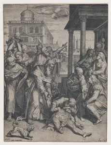 Saint Paul raising Patroclus who is on the ground, surrounded by a group of onlookers, a dog in the foreground at left