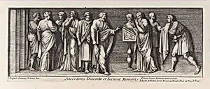 Saint Paul standing before the Proconsul, from a series of 15 plates, depicting Raphael's works for the Vatican stanze and the Sistine Chapel tapestries by Pietro Santi Bartoli|Raphael (Raffaello Sanzio or Santi)|Giovanni Giacomo De Rossi