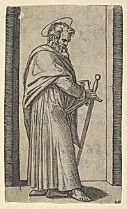 Saint Paul, sword in his right hand, from "Piccoli Santi" (Small Saints) by Marcantonio Raimondi|Raphael (Raffaello Sanzio or Santi)