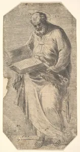 Saint Peter holding a large open book, keys by his side, from "Christ and the Apostles"