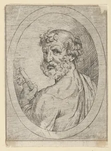 Saint Peter seen from behind, turning to face outwards and holding a key, in an oval frame, from "Christ, the Virgin, and Thirteen Apostles"