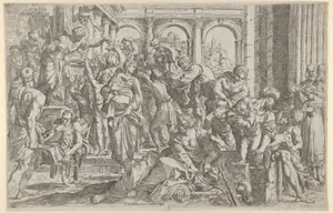 Saint Roch at left distributing alms to a group of people gathered around him, after Annibale Caracci