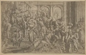 Saint Roch at left distributing alms to a group of people gathered around him, after Annibale Caracci