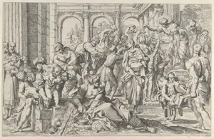 Saint Roch at right distributing alms to a group of people gathered around him, after Annibale Caracci