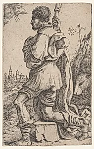 Saint Roch, kneeling on a stone, seen from the side with his dog behind him and a townscape in the background at left by Giuseppe Caletti, called Cremonese