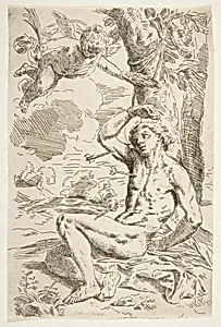 Saint Sebastian pierced with arrows and tied to a tree, copy after Cantarini by Simone Cantarini