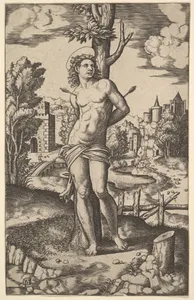 Saint Sebastian tied to a tree and pierced with arrows