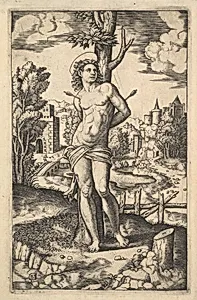 Saint Sebastian tied to a tree pierced by arrows
