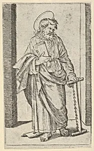 Saint Simon, a saw in his lowered left hand, from "Piccoli Santi" (Small Saints) by Marcantonio Raimondi|Raphael (Raffaello Sanzio or Santi)