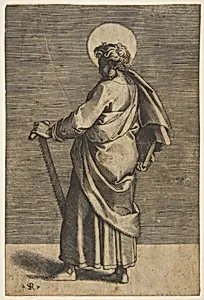 Saint Simon standing facing left, holding a saw and a book by Raphael (Raffaello Sanzio or Santi)|Marcantonio Raimondi|Marco Dente