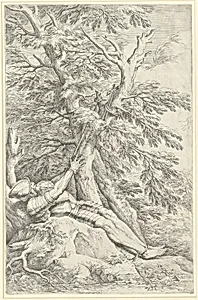 Saint William of Maleval, hands tied with rope fastened to a tree by Salvator Rosa