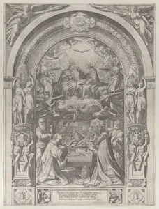 Saints Lawrence, Sixtus, Peter, and Paul adoring the Coronation of the Virgin by Christ above