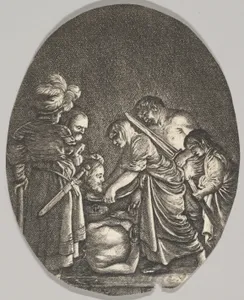 Salome receiving the head of John the Baptist, surrounded by three men and a child bearing a torch, the Baptist's body lies on the ground, an oval composition