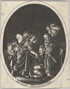 Salome receiving the head of John the Baptist, surrounded by three men and a child bearing a torch, the Baptist's body lies on the ground, an oval composition