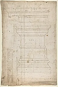 San Lorenzo, Library, pilaster, elevation; soffit, detail, plan (recto) San Lorenzo, Library, entablature, section (verso) by Anonymous, French, 16th century