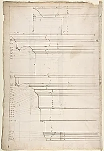 San Lorenzo, Library, Ricetto, entablature, elevation profile (recto) San Lorenzo, Library, Ricetto, column, elevation (verso) by Anonymous, French, 16th century
