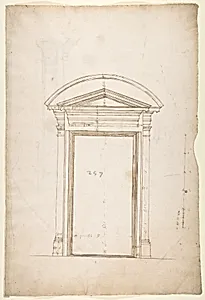 San Lorenzo, Library, Ricetto, entry portal from library, elevation (recto) San Lorenzo, Library, Ricetto, entry portal from library, plan and section (verso) by Anonymous, French, 16th century