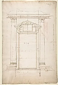 San Lorenzo, Library, Ricetto, entry portal to library, elevation (recto) San Lorenzo, Library, Ricetto, entry portal to library, plan and wall detail (verso) by Anonymous, French, 16th century