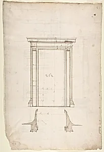 San Lorenzo, Library, Ricetto, portal from cloister, elevation; plan (recto) San Lorenzo, Library, Ricetto, portal from cloister, section; details (verso) by Anonymous, French, 16th century