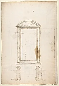 San Lorenzo, Library, Ricetto, portal to Ricetto, elevation; plan (recto) San Lorenzo, Library, Ricetto, portal to Ricetto, section; details (verso) by Anonymous, French, 16th century