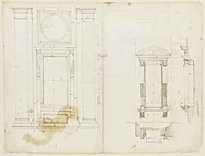 San Lorenzo, Library, Ricetto, upper window, elevation; niche,elevation, plan, and section (recto) San Lorenzo, Library, Ricetto, niche, details; upper window, details, elevation (verso) by Anonymous, French, 16th century