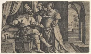 Sarah presenting Hagar to Abraham, who sits at the foot of a bed, from the series 'The Story of Abraham'