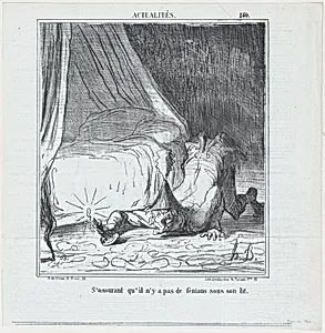 S'assurant qu'il n'y a pas de féniant sous son lit, from Actualités, published in Le Charivari, December 21, 1866 by Honoré Daumier|Destouches|Arnaud de Vresse