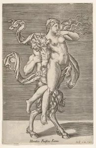 Satyr carrying a nymph, whose right arm is wrapped around the satyr's neck, with a planar background