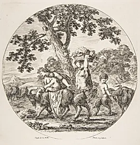 Satyr family walking towards the left with two goats and a basket of grapes by Stefano della Bella