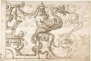 Satyr holding a fantastical creature (recto); Two candelabra grotesques (verso) by Andrés de Melgar
