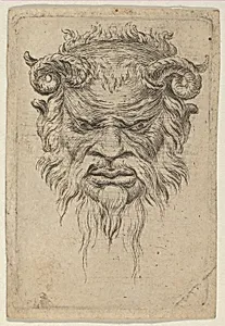 Satyr Mask with Curled Horns Looking Down, from Divers Masques by François Chauveau|Jacques Van Merlen