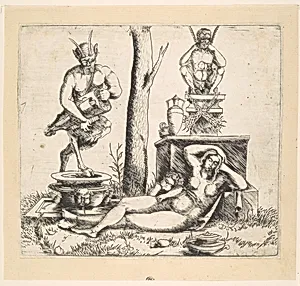 Satyr playing a lyre and a sleeping nymph by Master of 1515