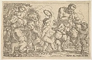 Satyr playing a pipe beside a putti holding a mask, surrounded by putti climbing over a low wall and dancing with musical instruments by Jonas Umbach|Jeremias Wolff