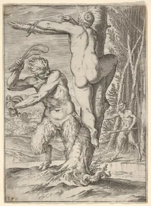Satyr whipping a nymph, who is shown from behind and bound to a tree, a second satyr bearing a club stands in the middle ground