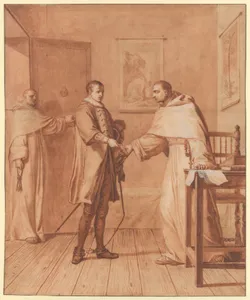 Scene 25: Fatally wounded, King Henry III informs the Blessed Abbot of his condition and recommends himself to his prayers
