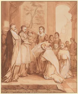 Scene 31: Foundation of a second Feuillant monastery in Rome, dedicated to Saint Bernard, in 1594, thanks to the generosity of Caterina de' Nobili, niece of Pope Julius III and widow of Count Sforza Sforza di Santa Fiora