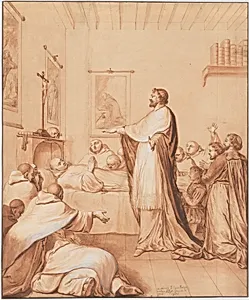 Scene 33: The Blessed Abbot, near death, receives the blessing of the pope, who sends for this purpose Cardinal d'Ossat, a close friend of the saint, whose teacher he had been; he dies in the odor of sanctity, 25 April 1600 by Matthieu Elias|Reverend Jean de la Barrière