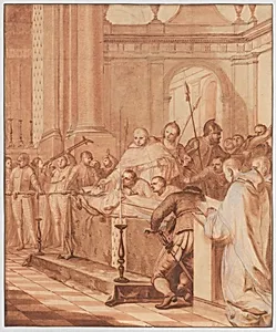 Scene 34: To satisfy the devotion of the people, they are forced to leave the Blessed Abbot's body on display for three days; many miracles are performed by Matthieu Elias|Reverend Jean de la Barrière