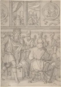 Scene from the parable of the marriage feast (Matthew 22:11-14; The king denouncing the man who was not wearing a wedding robe)