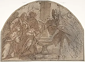 Scene of a Baptism of a Woman by a Bishop with Onlookers by Anonymous, Italian, Roman-Bolognese, 17th century