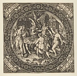 Scene with a Feast of Love in a Circle at Center by Theodor de Bry