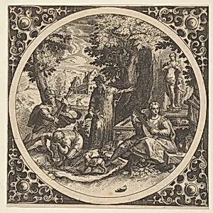 Scene with a Warning Against Venereal Disease in a Circle at Center by Theodor de Bry|Johann Sadeler I|Christoph Schwarz
