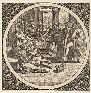Scene with Galants at a Banquet in a Circle at Center by Theodor de Bry|Johann Sadeler I|Maerten de Vos